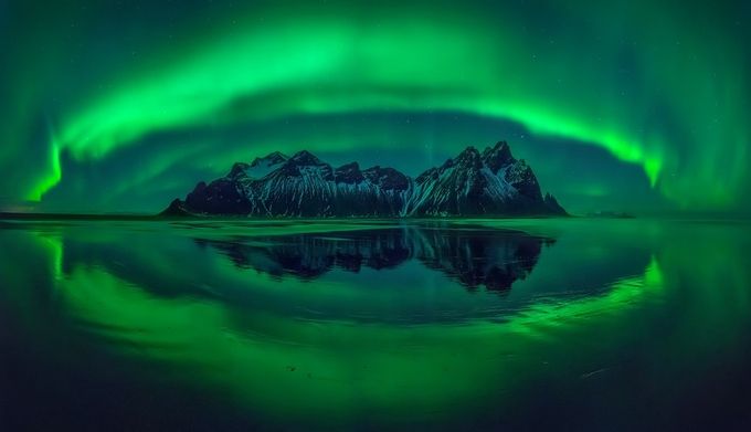 Stokksnes aurora Panorama by strOOp - Mountain Shapes Photo Contest